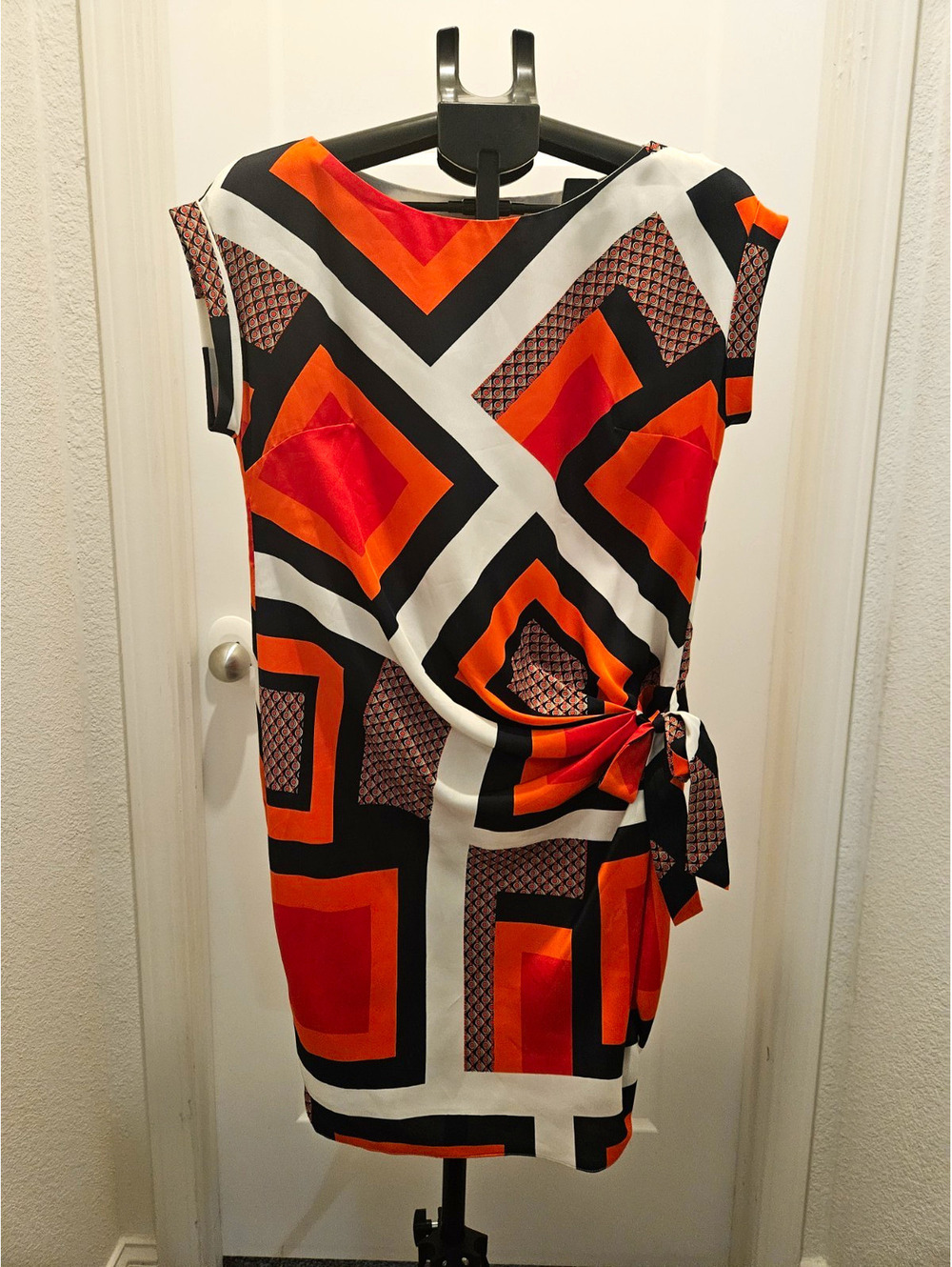 Ann Taylor Women’s Geometric Sheath Dress Boat Neck Cap Sleeve S Satin Bow